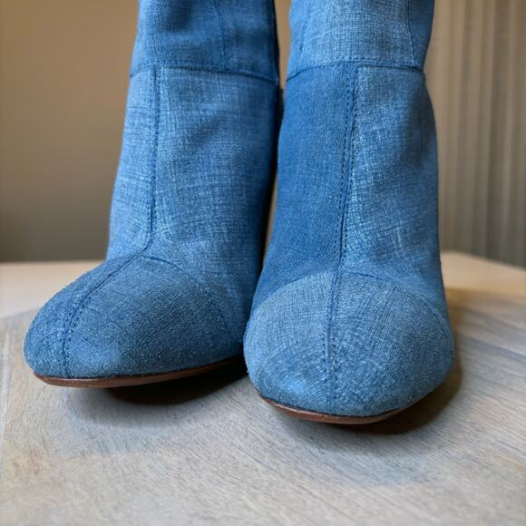 10 Crosby by Derek Lam Blue Denim Patchwork Ankle Bootie Block Heel Boots Sz 8 - Picture 5 of 12